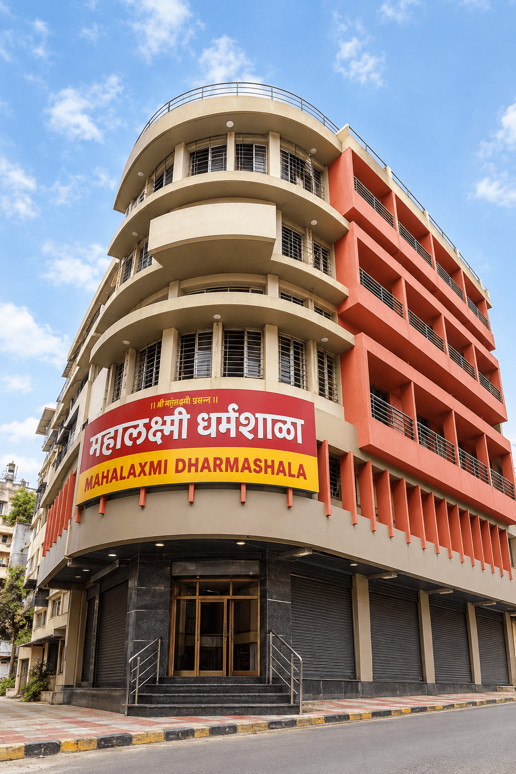 Shri Mahalaxmi Dharmashala: the curved-corner building with its red and yellow signboard